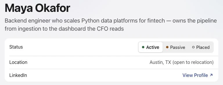 An engineer profile card with headline, availability status and location